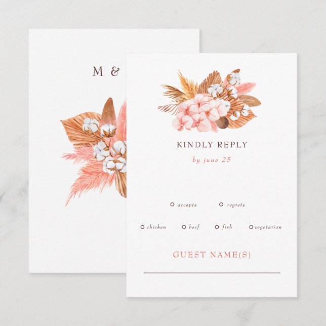 Rustic Boho Pampas Orchids Cotton Blush Wedding RSVP Card (Front/Back)
