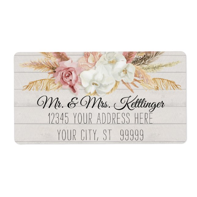 Rustic Boho Pampas Palm Blush Floral Greenery Wood Label (Front)