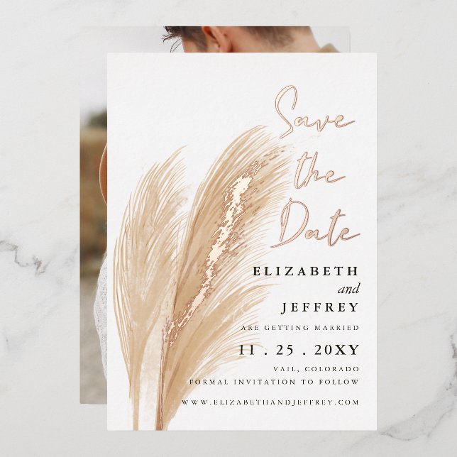 Rustic Boho Pampas Photo Save The Date Foil Invita Invitation (Front/Back)