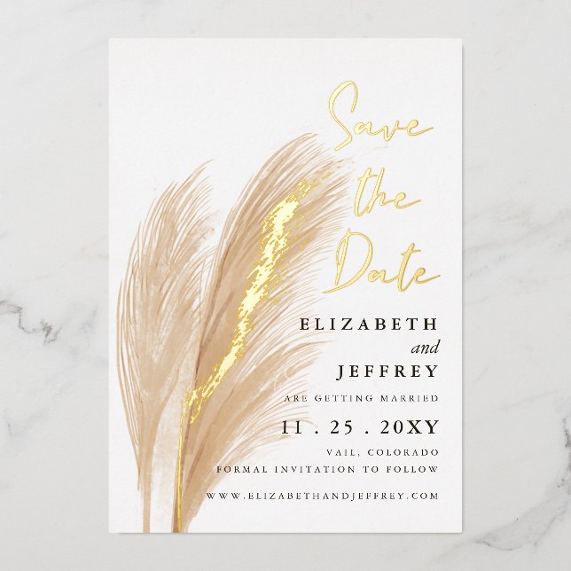 Rustic Boho Pampas Photo Save The Date Foil Invitation (Front)