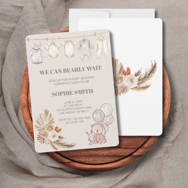 Rustic Boho Pampas We Can Bearly Wait Invitation (Creator Uploaded)