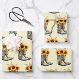 Rustic Boho Pattern - Cowboy Boots with Sunflowers Wrapping Paper Sheets