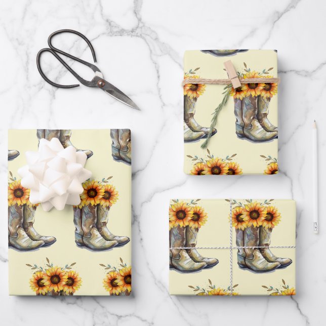Rustic Boho Pattern - Cowboy Boots with Sunflowers Wrapping Paper Sheets (Front)