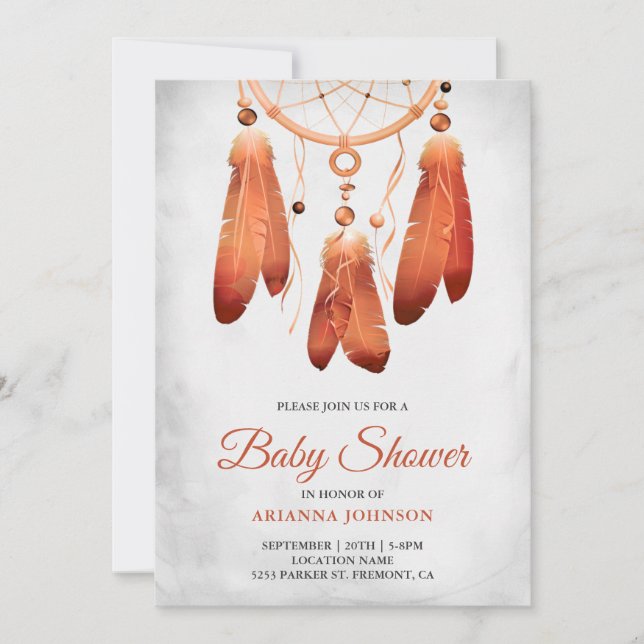 Rustic Boho Peach Dream Catcher Baby Shower Invitation (Front)