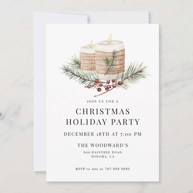 Rustic Boho Pine & Candles Christmas Holiday Party Invitation (Front)