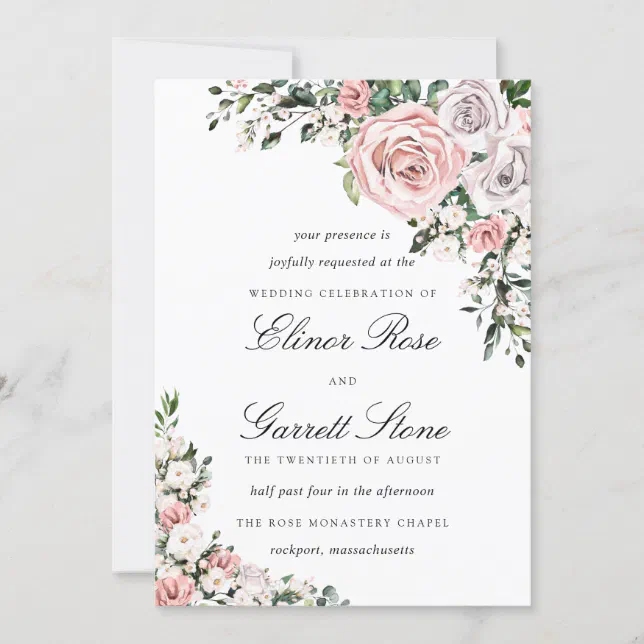 Rustic Boho Pink and Purple Rose Floral Wedding Invitation | Zazzle