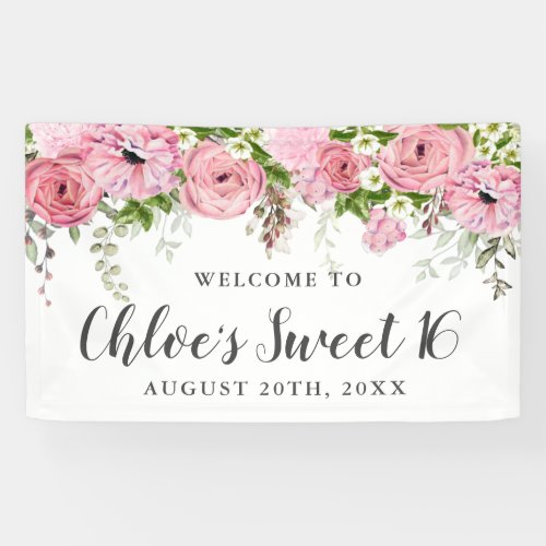 Rustic  Boho Pink and White Floral Sweet 16 Party Banner