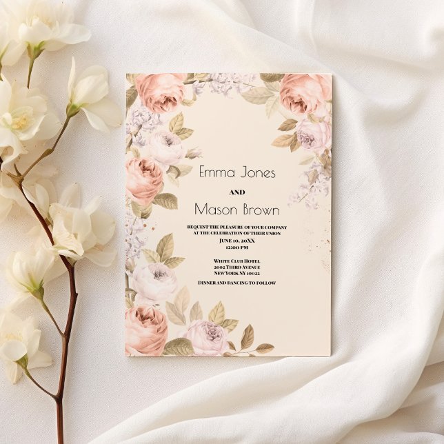 Rustic boho pink coral ivory floral theme Wedding Invitation (Rustic boho pink coral ivory floral theme Wedding )