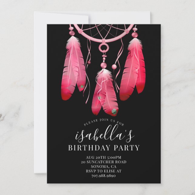 Rustic Boho Pink Dream Catcher Black Birthday Invitation (Front)