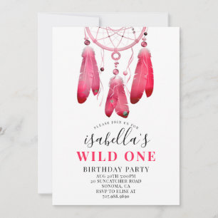 Rustic Boho Pink Dream Catcher Wild One Birthday Invitation