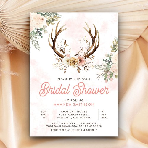 Rustic Boho Pink Floral Antler Bridal Shower Invitation