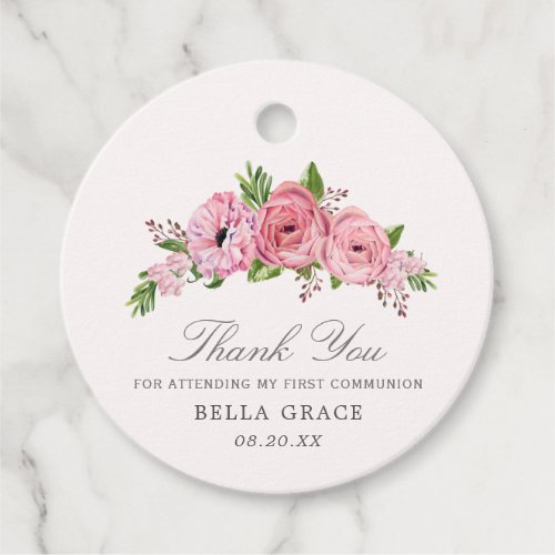 Rustic Boho Pink Floral First Communion Thank You Favor Tags