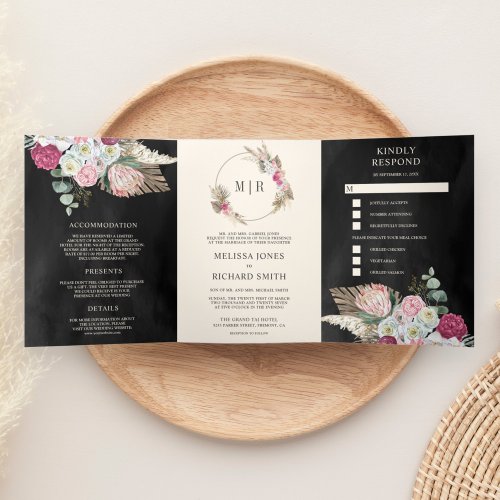 Rustic Boho Pink Floral Pampas Black Wedding Tri_Fold Invitation