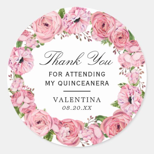 Rustic Boho Pink Floral Quinceanera Thank You Classic Round Sticker