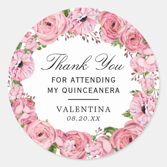 Rustic Boho Pink Floral Quinceanera Thank You Classic Round Sticker ...