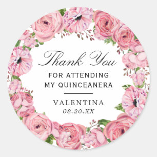 Rustic Boho Pink Floral Quinceanera Thank You Classic Round Sticker