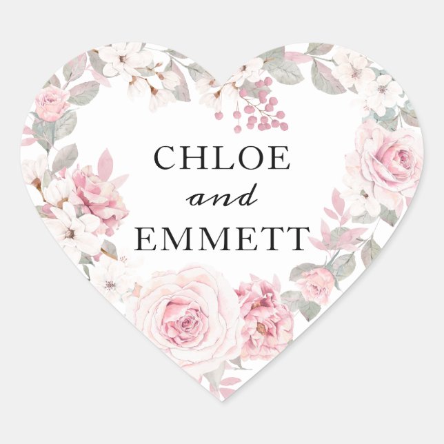 Rustic Boho Pink Floral Wedding Heart Sticker (Front)
