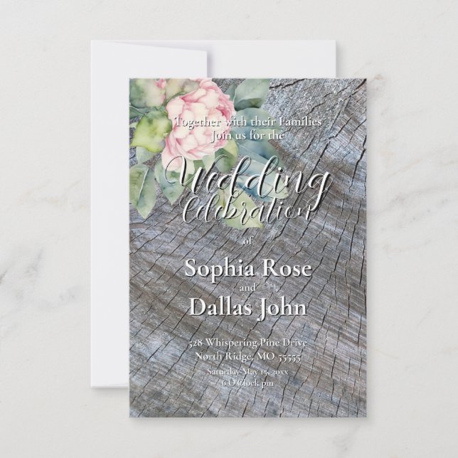 Rustic boho pink floral wedding invitation (Front)