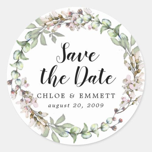 Rustic Boho Pink Floral Wedding Save the Date Classic Round Sticker