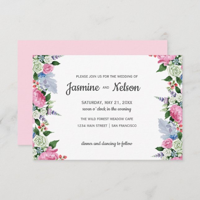 Rustic Boho Pink lilac floral border  wedding Invitation (Front/Back)