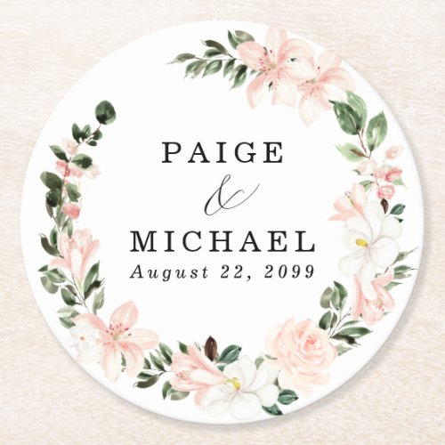 Rustic Boho Pink White Floral Wedding Round Paper Coaster