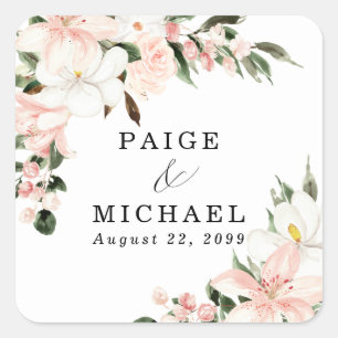 Rustic Boho Pink White Floral Wedding Square Sticker