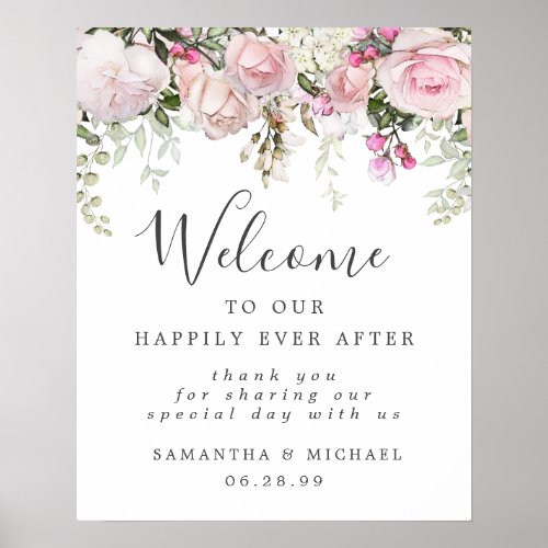 Rustic Boho Pink White Floral Wedding Welcome Sign