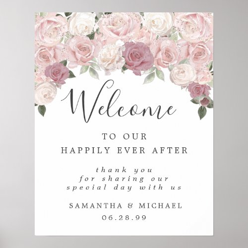 Rustic Boho Pink White Floral Wedding Welcome Sign