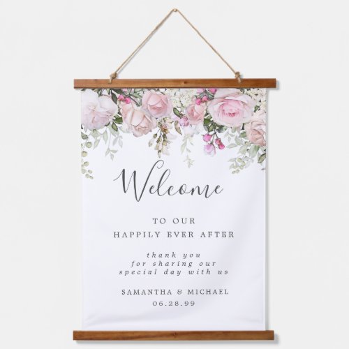 Rustic Boho Pink White Floral Wedding Welcome Sign Hanging Tapestry