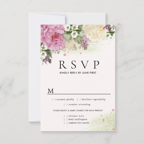 Rustic Boho Pink White Purple Floral Meal Options RSVP Card