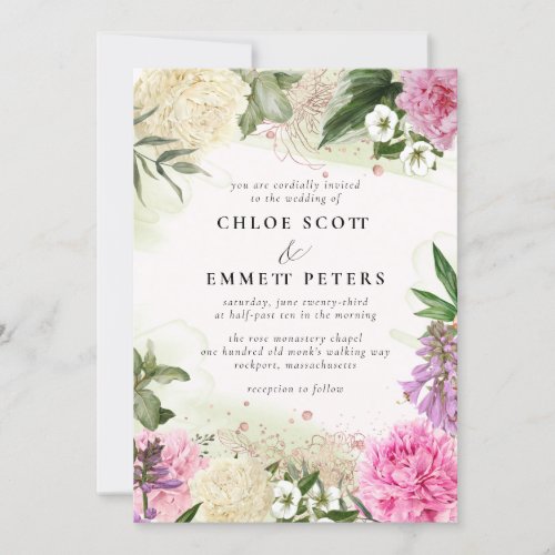 Rustic Boho Pink White Purple Floral Wedding Invitation