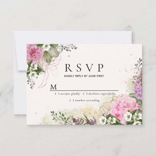 Rustic Boho Pink White Purple Floral Wedding RSVP Card