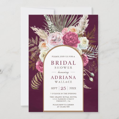 Rustic Boho Plum Floral Arch Bridal Shower Invitation
