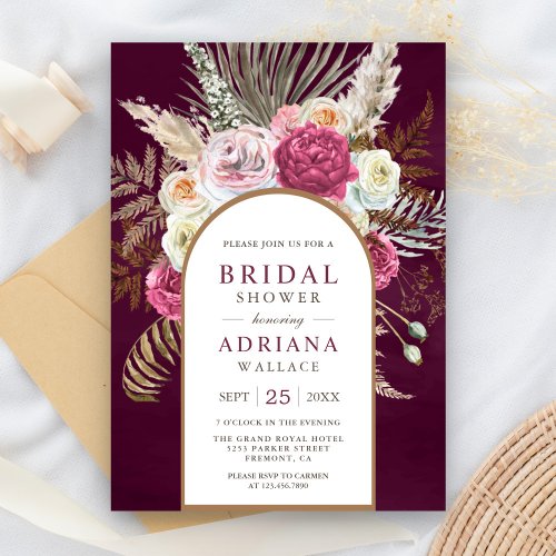 Rustic Boho Plum Floral Arch Bridal Shower Invitation