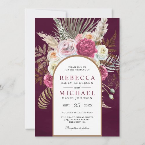 Rustic Boho Plum Floral Arch Wedding Invitation
