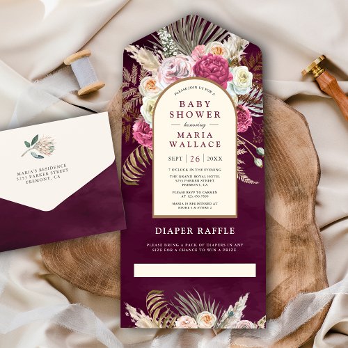 Rustic Boho Plum Floral Bouquet Arch Baby Shower All In One Invitation