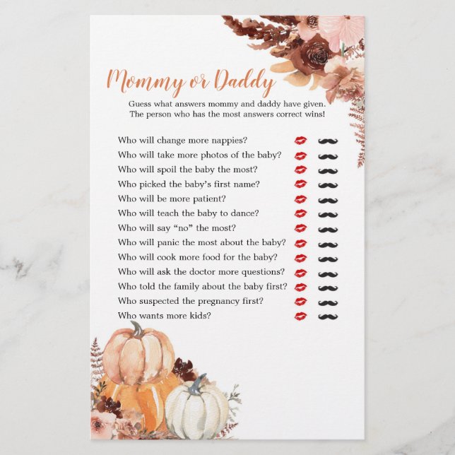 Rustic Boho Pumpkin Mommy or Daddy Games (Front)