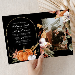 Rustic Boho Pumpkin Photo QR Code Black Wedding Invitation