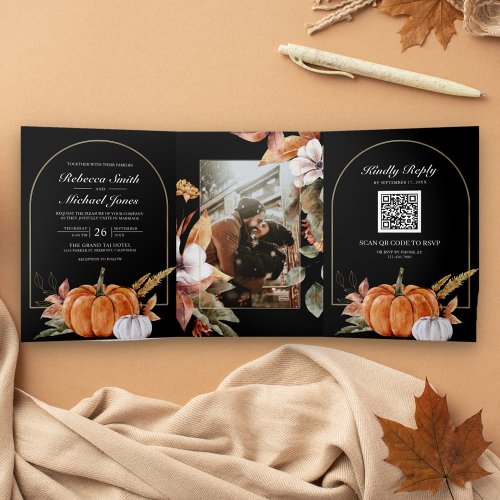 Rustic Boho Pumpkin Photo QR Code Black Wedding Tri_Fold Invitation