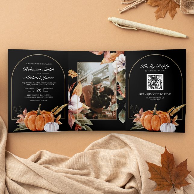 Rustic Boho Pumpkin Photo QR Code Black Wedding Tri-Fold Invitation (Creator Uploaded)