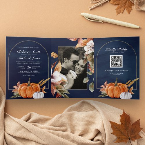 Rustic Boho Pumpkin Photo QR Code Navy Wedding Tri_Fold Invitation