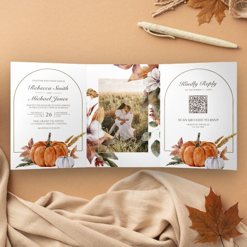 Rustic Boho Pumpkin Photo QR Code Wedding Tri_Fold Invitation