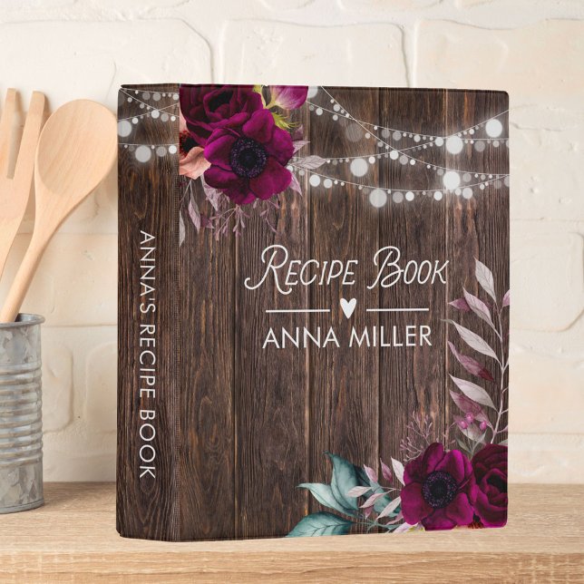 Rustic Boho Purple Flower Wood Recipe Cookbook Mini Binder (In situ)