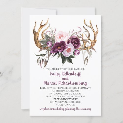 Rustic Boho Purple Plum Peonies Antlers Wedding Invitation