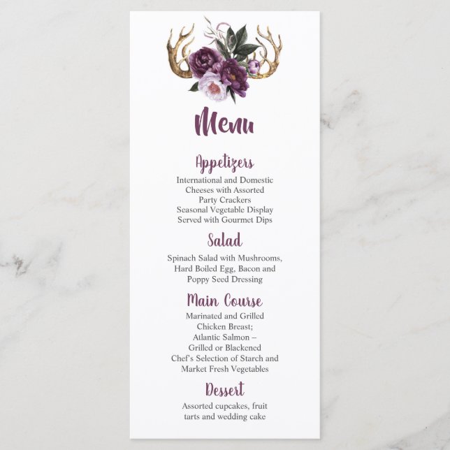 Rustic Boho Purple Plum Peonies Antlers Wedding Menu (Front)