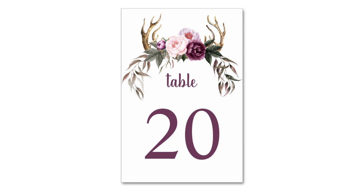 Rustic Boho Purple Plum Peonies Antlers Wedding Table Number | Zazzle