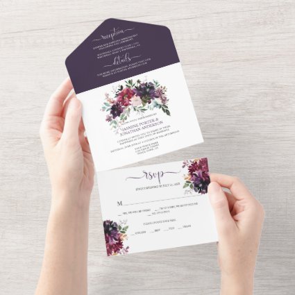 Rustic Boho Purple Plum Pink Red Floral Wedding  All In One Invitation