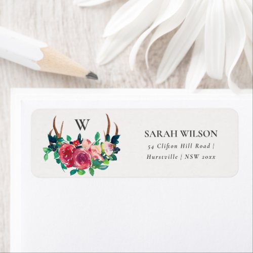Rustic Boho Red Floral Stag Antlers Address Label
