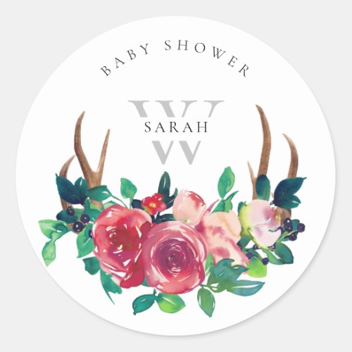 Rustic Boho Red Floral Stag Antlers Baby Shower Classic Round Sticker