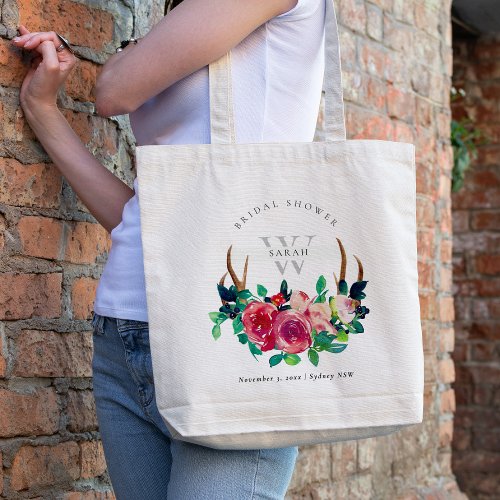 Rustic Boho Red Floral Stag Antlers Bridal Shower Tote Bag